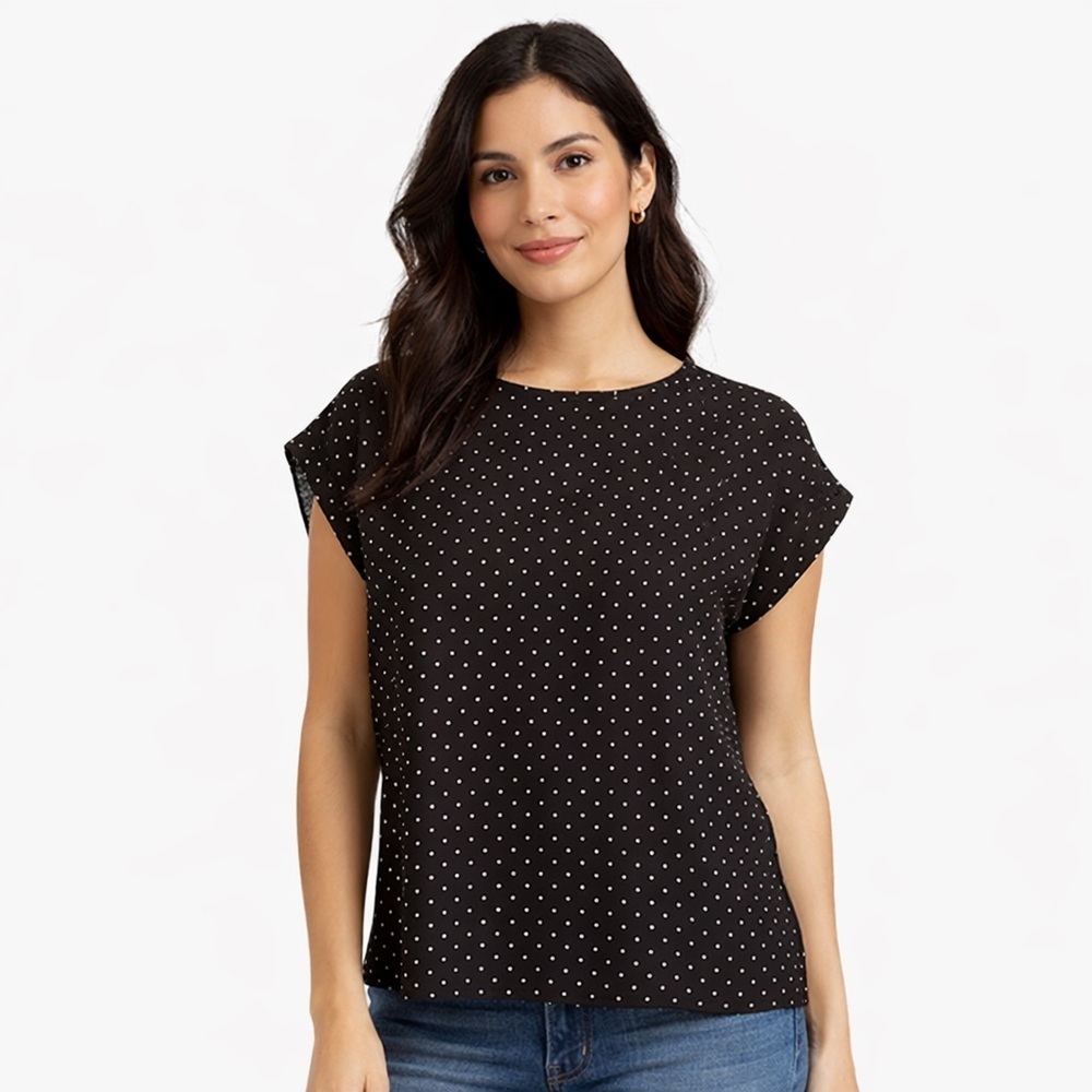EUC Women's Halogen Top Size S Black Polka Dot Cap Sleeve